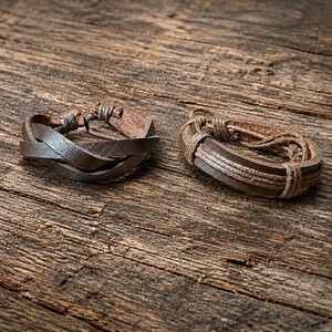 2 Pc Set Brown Leather Braided Hemp Cord Friendship Couples Bracelets New Unisex